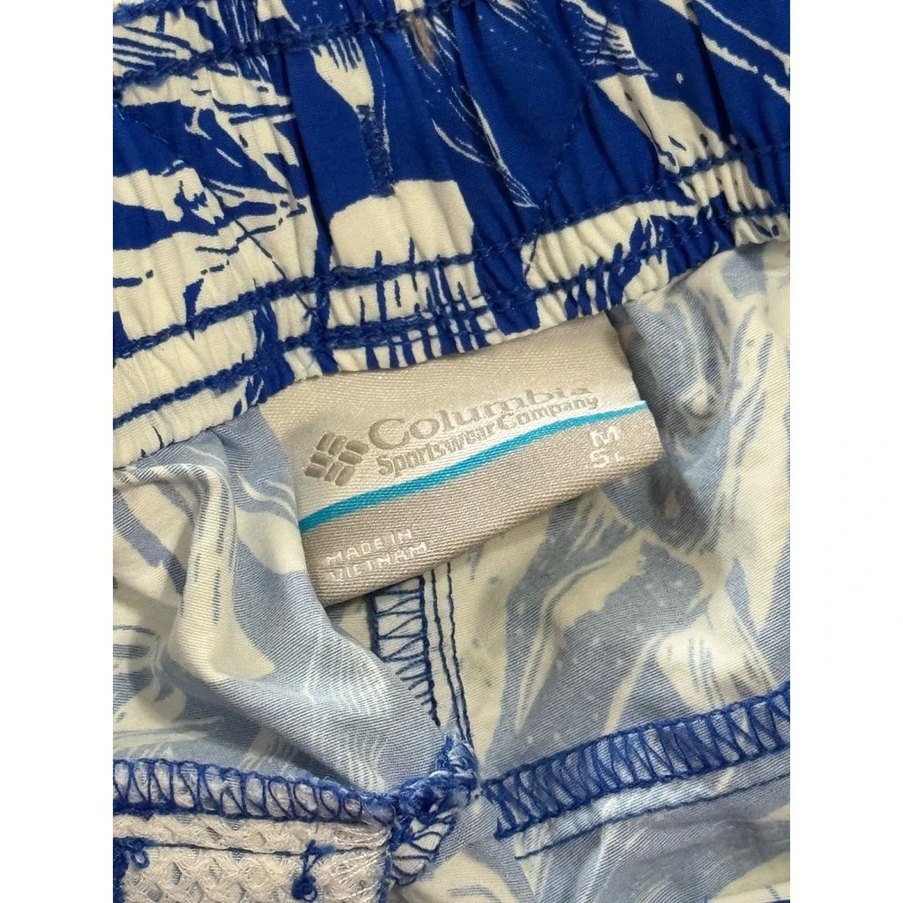 Columbia Men's Swim Trunks M Blue White Print Elastic Waist‎ Drawstring Pockets